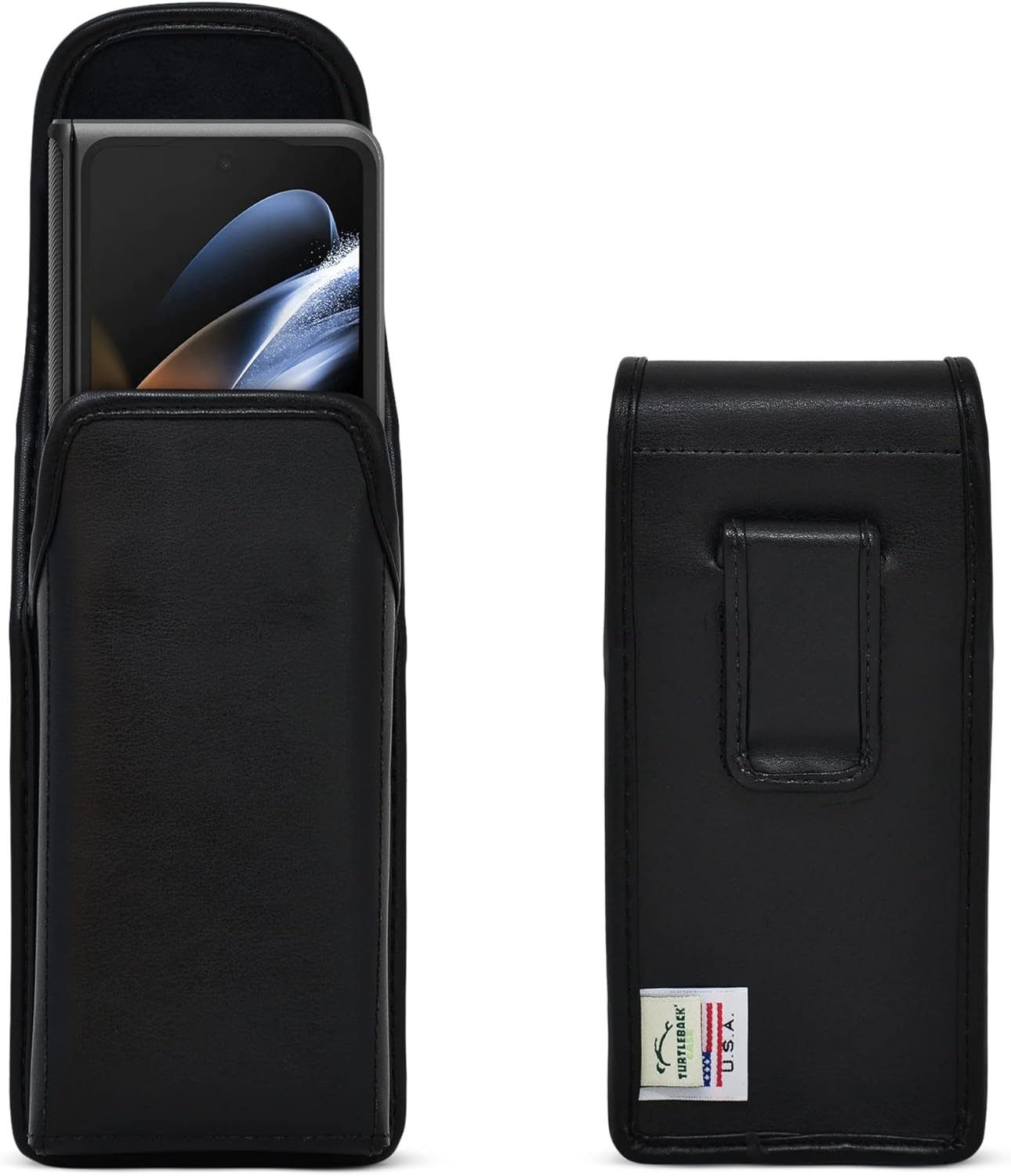 Turtleback Funda diseñada para Galaxy Z Fold 5 y Fold 4 con funda de ajuste voluminoso, funda vertical para cinturón de piel negra con clip