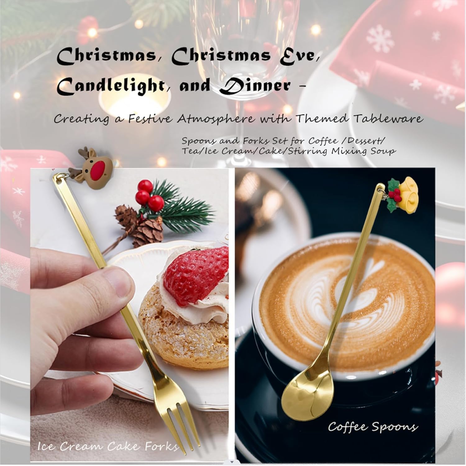 Juego de cuchara de café de Navidad de acero inoxidable y tenedores de cena de Navidad, cuchara de postre, cuchara para revolver, cuchara de té