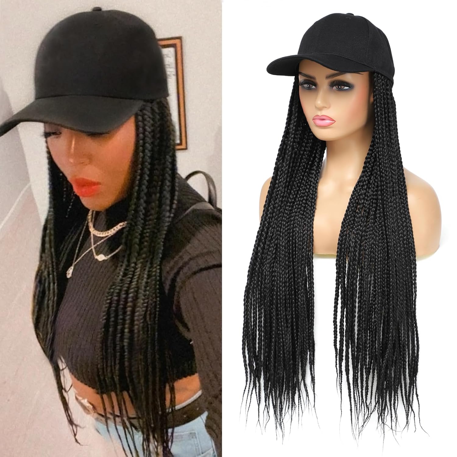 Gorra de béisbol con peluca larga trenzada de color negro, con cabello sintético trenzado para mujeres y niñas (B-negro)