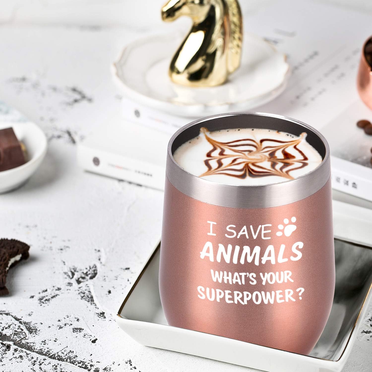 Paquete de 4 vasos de vino con tapa con texto en inglés “I Save Animals, Whats Your Superpower”, de acero inoxidable, ideas de cumpleaños y Navidad