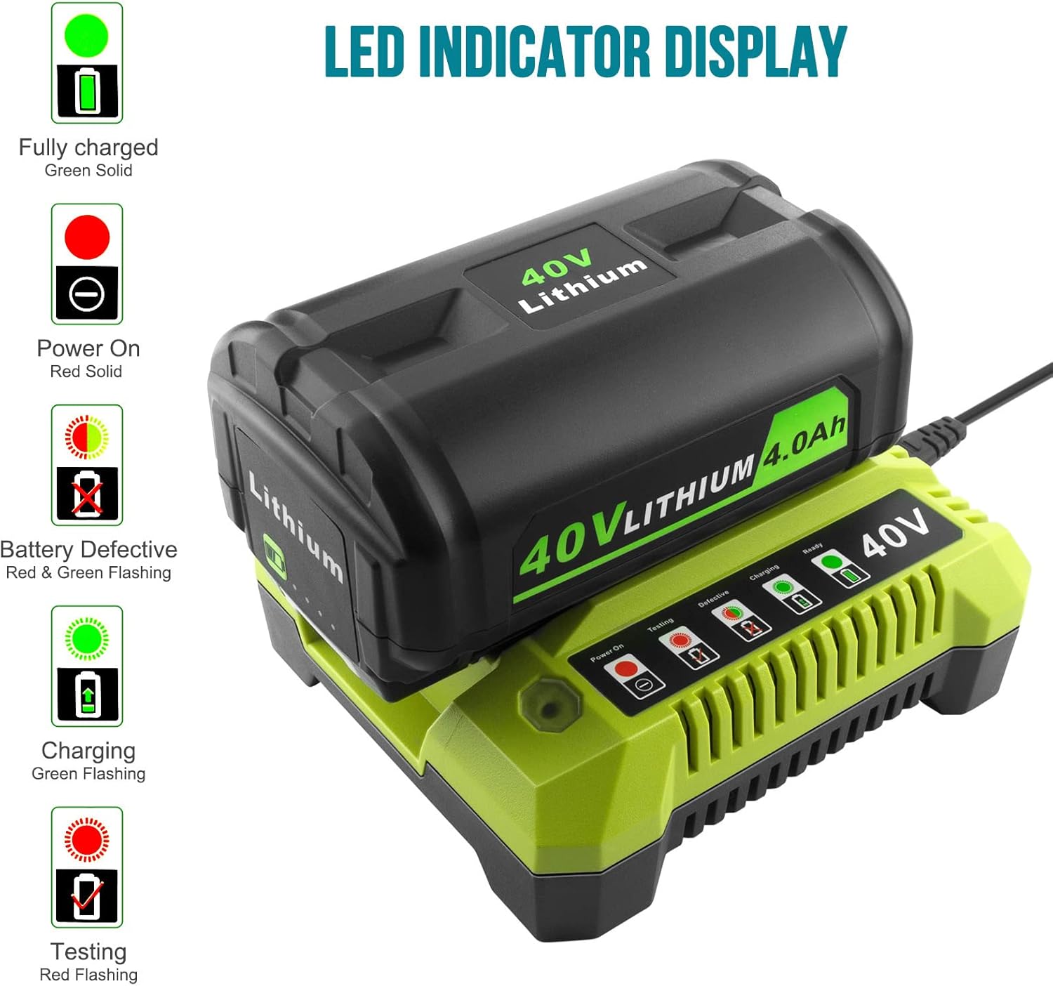 ADVTRONICS Cargador OP401 de iones de litio de 40 voltios compatible con batería Ryobi de 40 V OP4026 OP40201 OP40401 OP4050 OP4050A OP40501 OP40601
