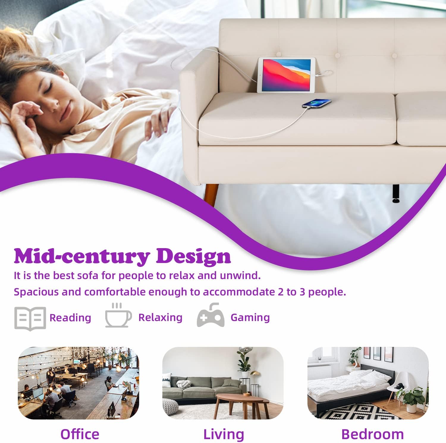 TYBOATLE Sofá tapizado moderno de mediados de siglo con 2 puertos de carga USB, asientos de tela para espacios pequeños, sala de estar, apartamento,