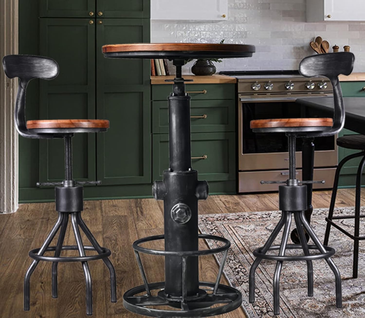 LOKKHAN Mesa de bar industrial de 38.6 a 48.4 pulgadas de altura ajustable giratoria redonda de madera de 23.7 pulgadas de diámetro, cocina,