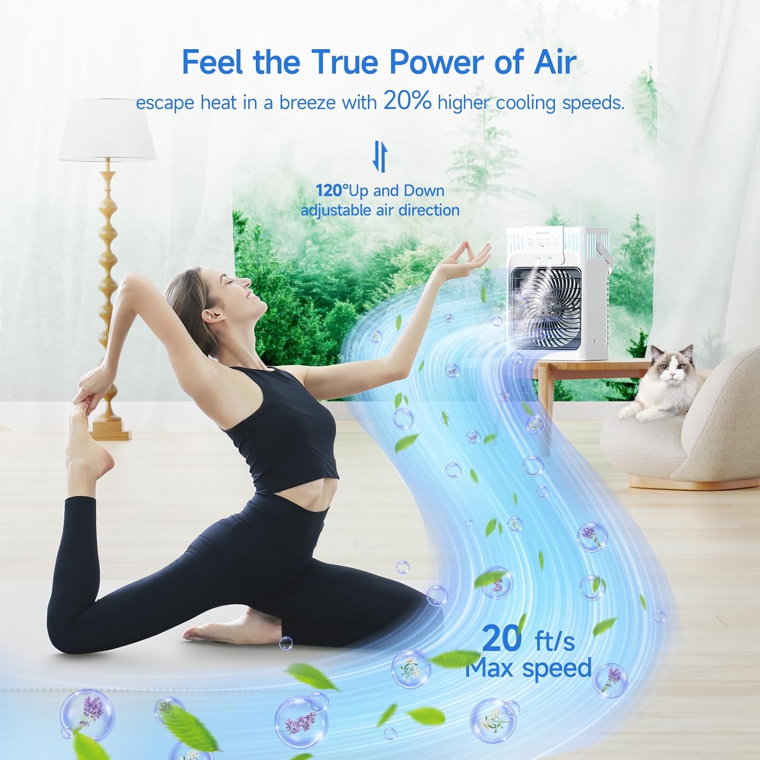 VICELEC Ventilador de aire acondicionado portátil con control remoto, silencioso con 3 velocidades, ventilador evaporativo de 40.6 fl oz con 3