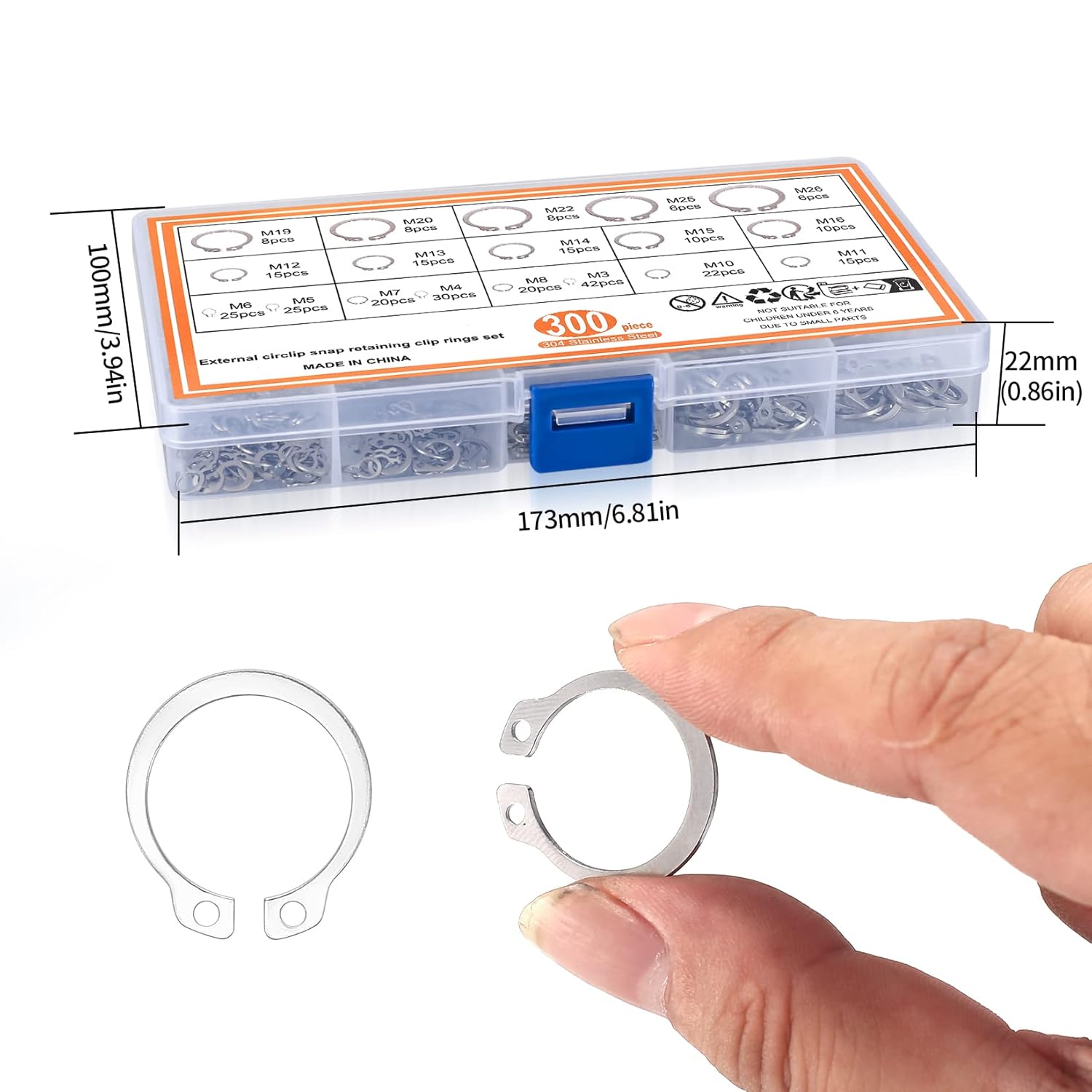Juego de 300 anillos de retención, kits de anillos de presión internos, anillos de clip de retención externos de acero inoxidable, 18 tamaños, juego