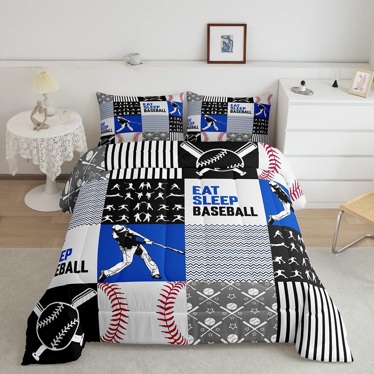 Erosebridal Juego de edredón de béisbol tamaño Queen, juego de ropa de cama de béisbol para niños, edredón cálido de pelotas de bate de béisbol,