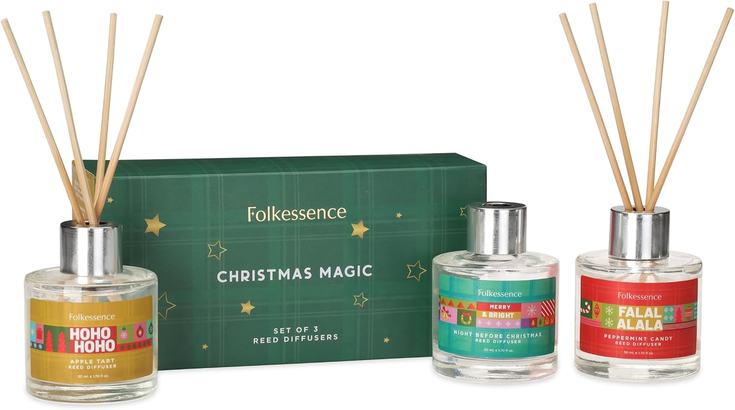 Folkulture Chrismas – Juego de 3 difusores de varillas para el hogar, 5.1 onzas líquidas, difusor de aceite esencial con varillas de junco, difusor