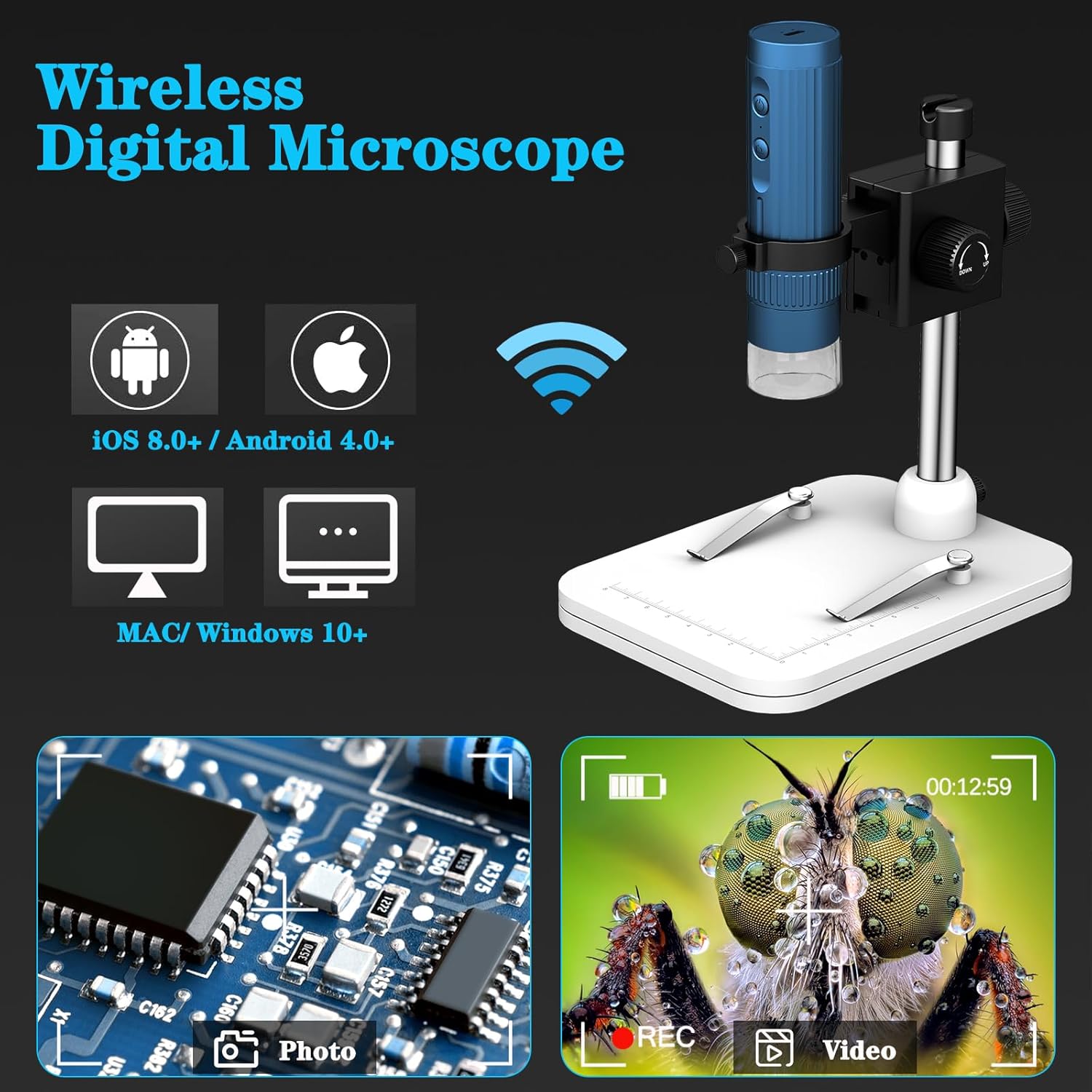 Microscopio digital inalámbrico, microscopio de monedas 50X-1000X con soporte de actualización sin agitación, 8 luces LED ajustables, microscopio