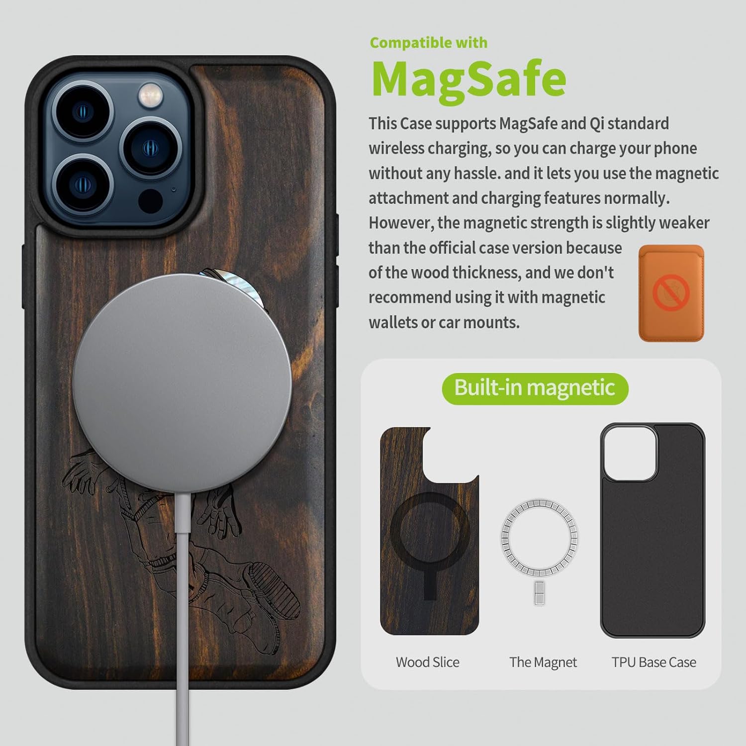 Carveit Funda protectora de madera de diseñador para iPhone 15 Pro Max, funda magnética grabado de madera e incrustaciones de carcasa compatible con