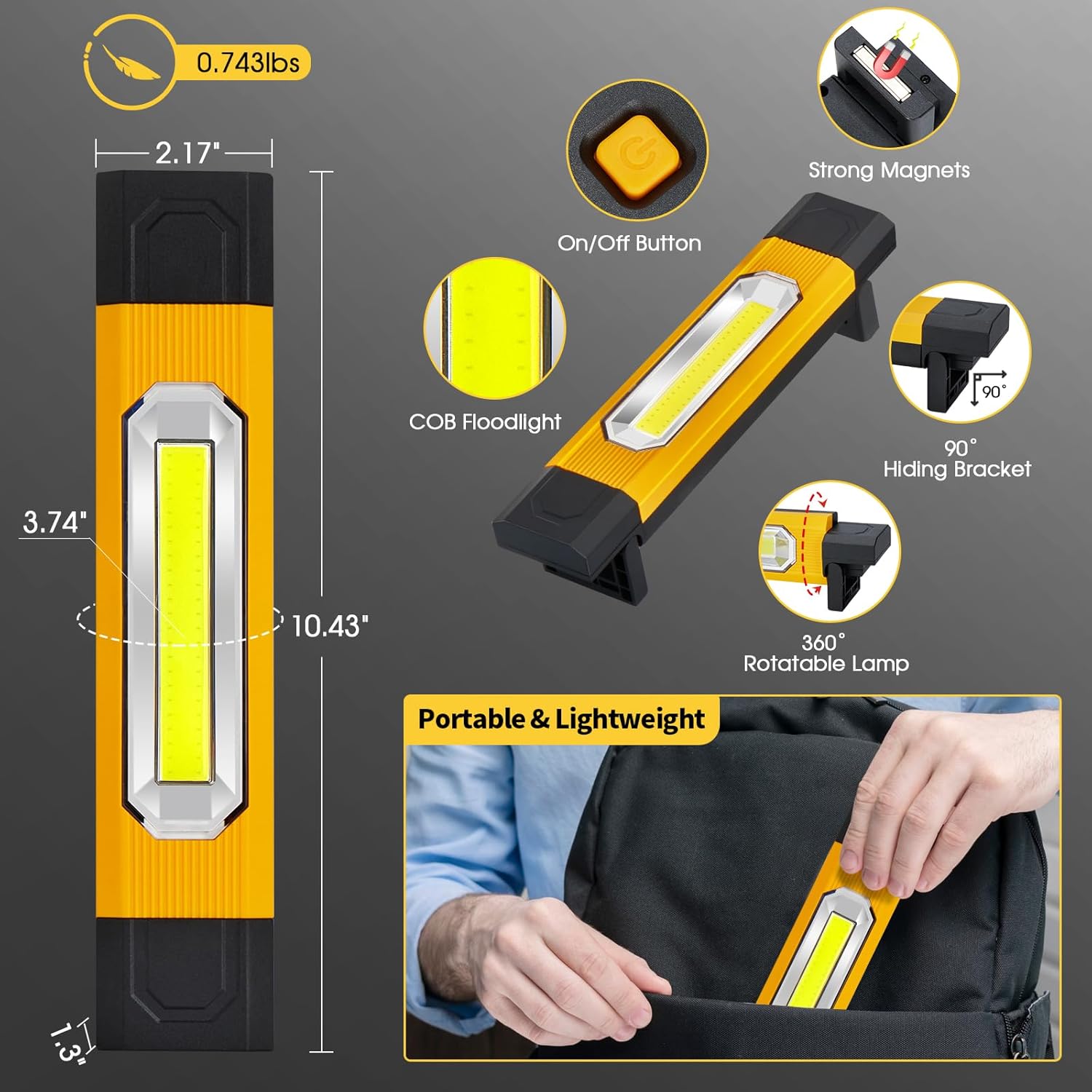 Luz de trabajo recargable debajo del capó, luz de trabajo magnética de 2800 lúmenes con soporte de 90, luces de trabajo COB giratorias de 360 con