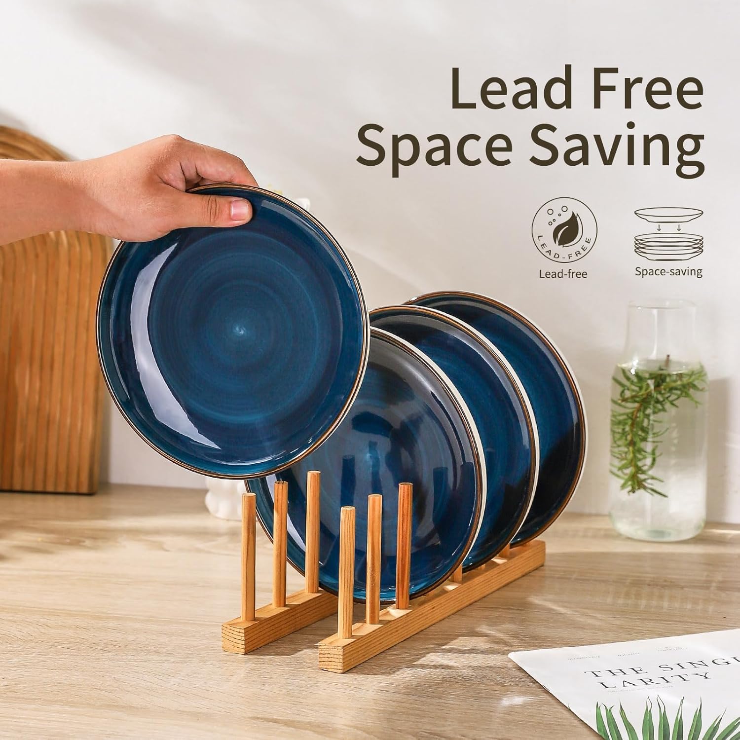 Juego de 6 platos llanos de cerámica de 10 pulgadas, platos de cocina de cerámica, aptos para microondas y lavavajillas, azul marino