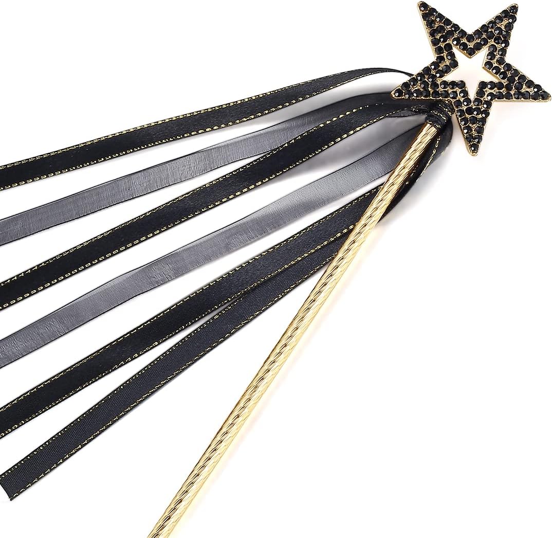 Varita chapada en oro de estrella de metal negro con cinta para decoración de Halloween para niñas