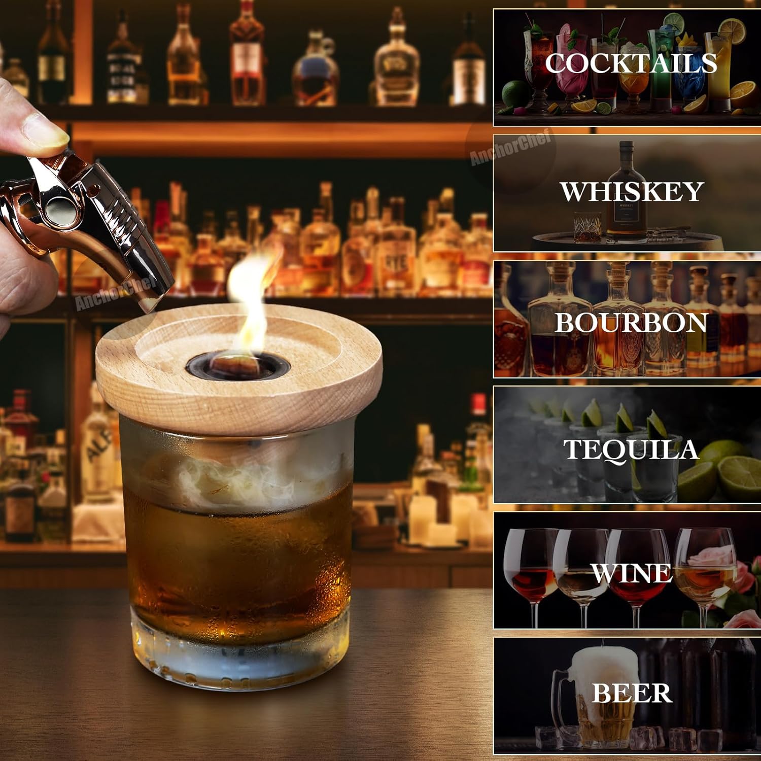 Kit de ahumador de cóctel con antorcha, kit de cóctel antiguo de 6 sabores, kit de infusor de bebida de whisky bourbon con piedras de hielo, regalo