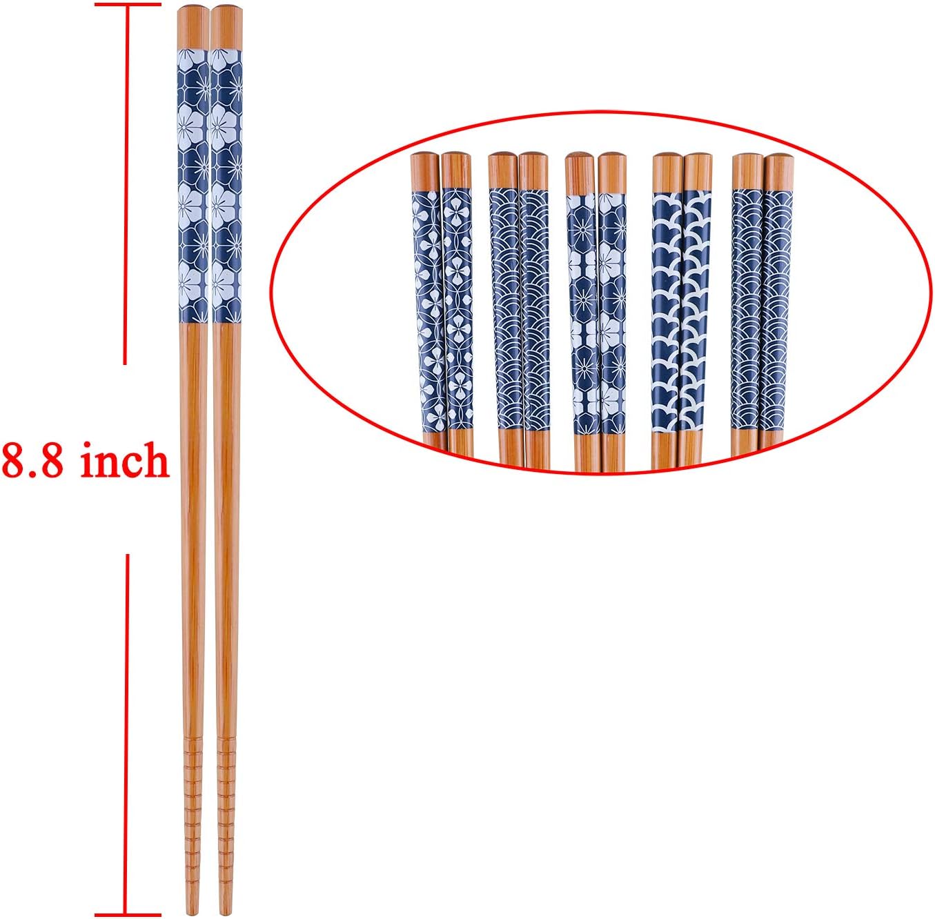 Antner 10 pares de palillos de bambú natural, estilo japonés, reutilizables, aptos para lavavajillas, 8.8 pulgadas