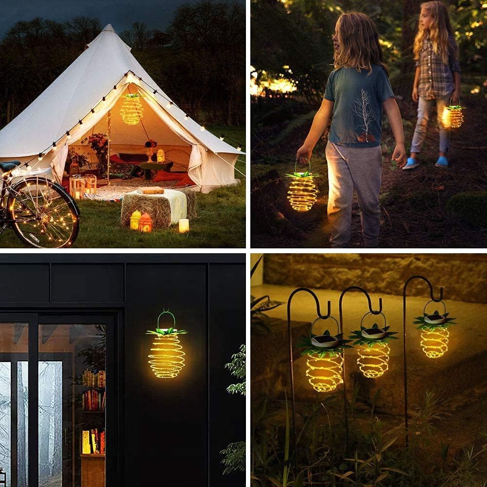 Paquete de 2 faroles solares colgantes para exteriores, impermeables, 60 luces LED solares decorativas de piña, para jardín, patio, césped,