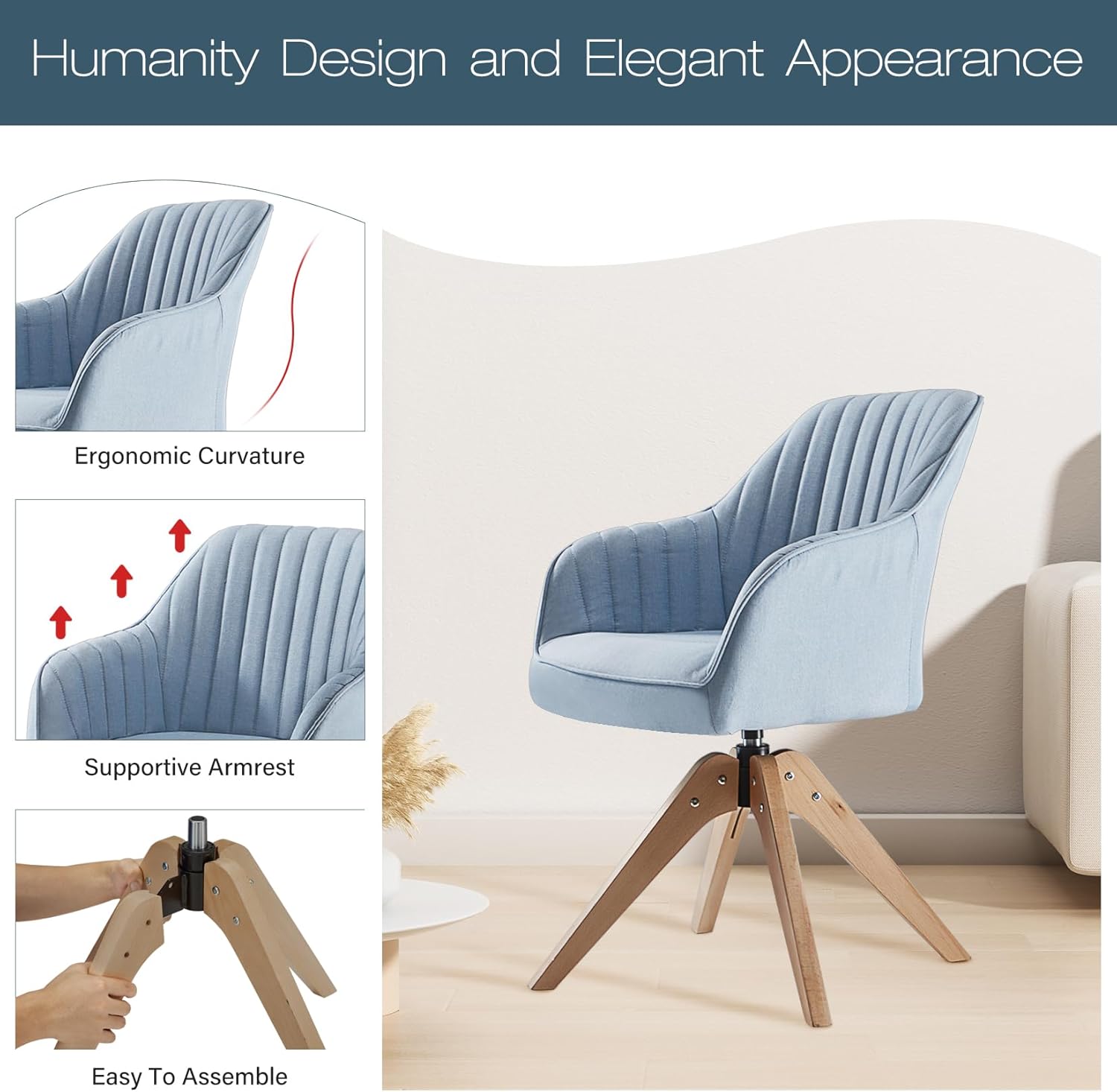 Haddockway Silla decorativa, silla giratoria, sillón tapizado con patas de madera, silla de ocio para leer, beber, silla auxiliar para vestidor,