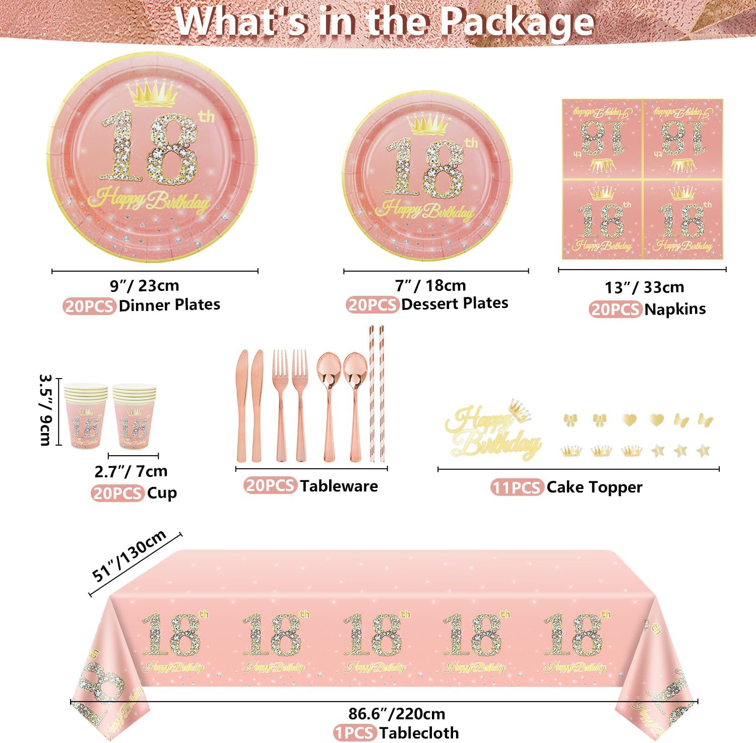 239 piezas de decoración de fiesta de cumpleaños número 18 de oro rosa para niñas, suministros de feliz cumpleaños 18 de oro rosa, juego de vajilla,