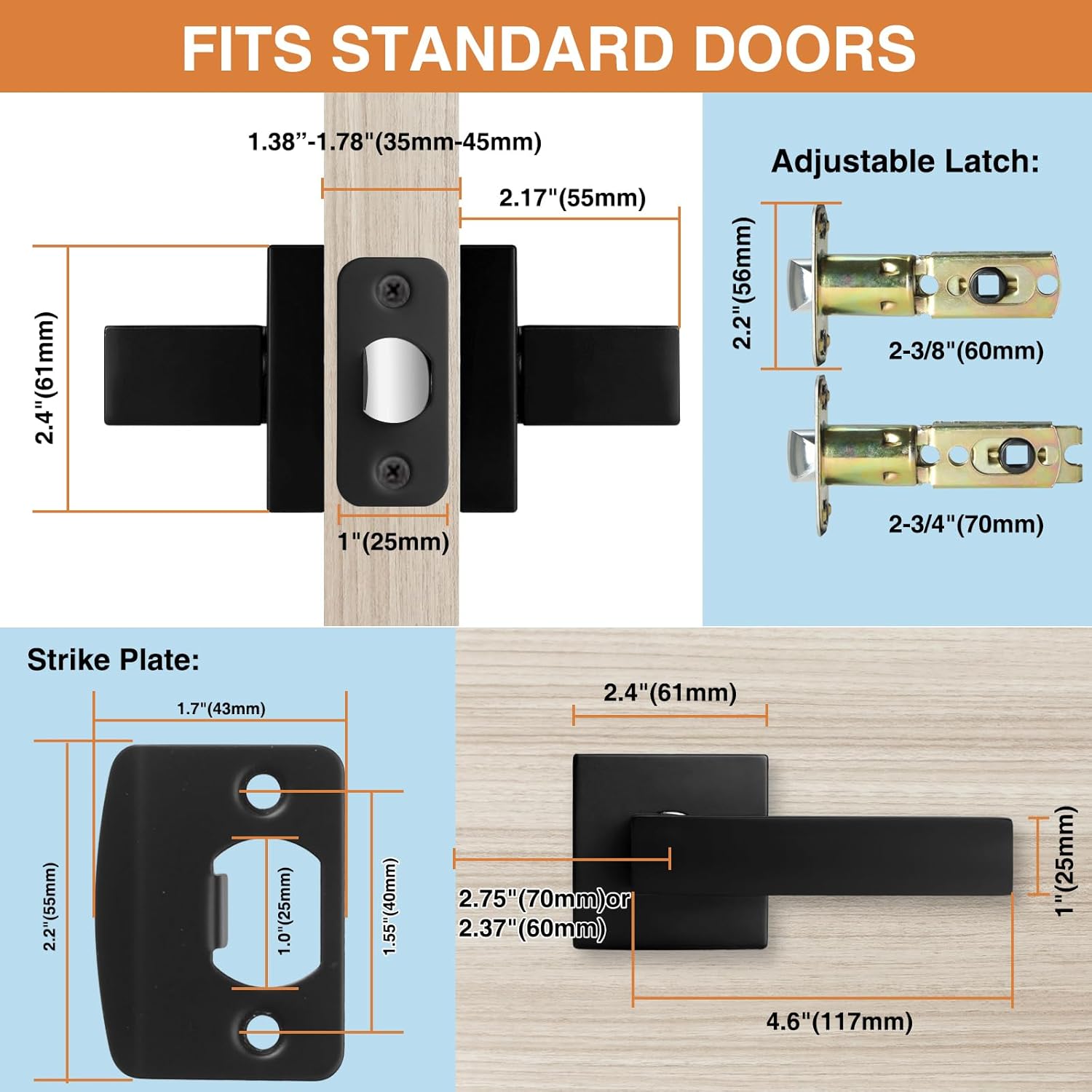 AEEKEL Juego de 5 manijas de puerta de paso para interiores negras (sin cerradura), paquete de 5 pomos de puerta resistentes para pasillo o armario,