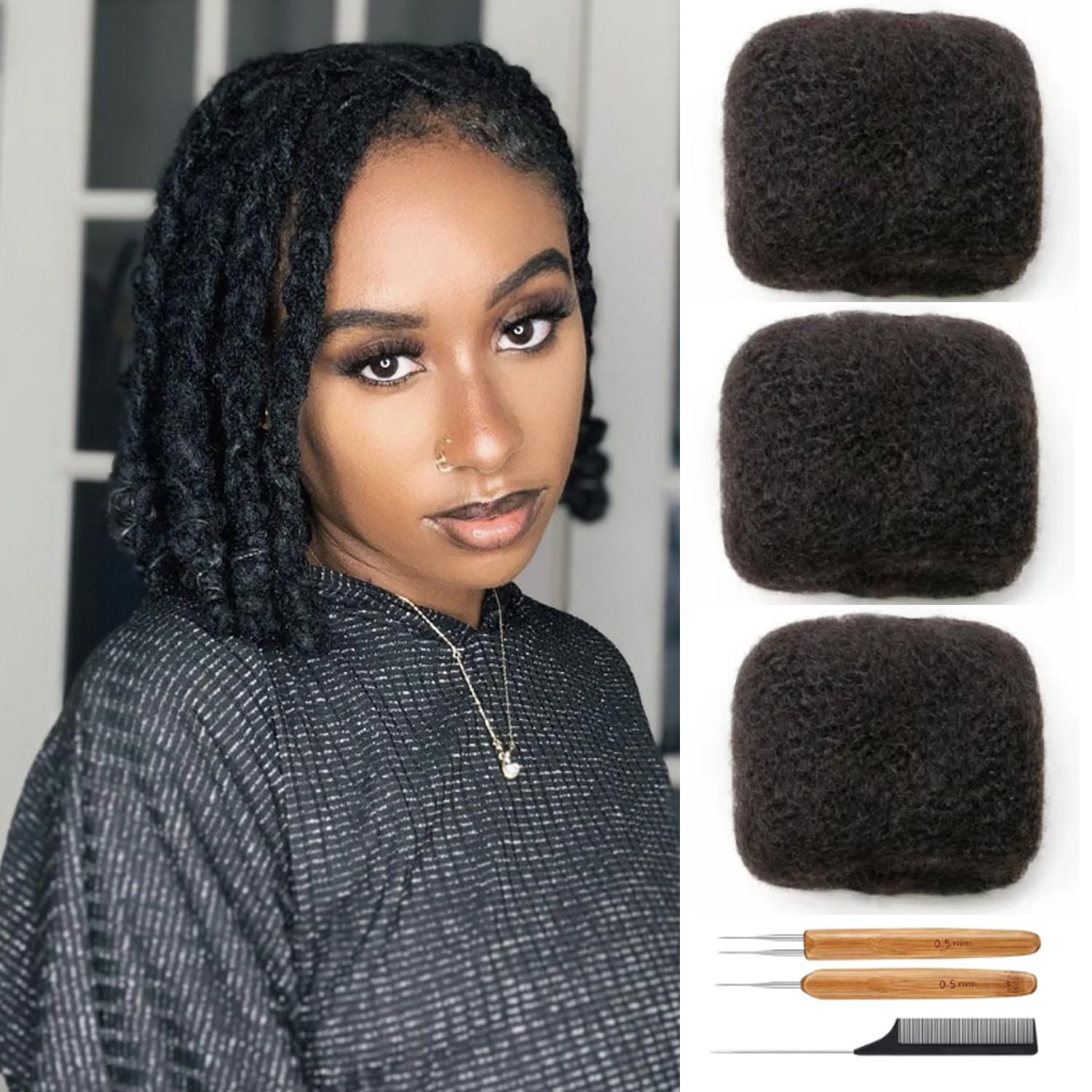 Afro Kinkys – Extensiones de cabello humano a granel para extensiones de rastas de 8 pulgadas, 1.06 oz, color negro natural, cabello humano trenzado