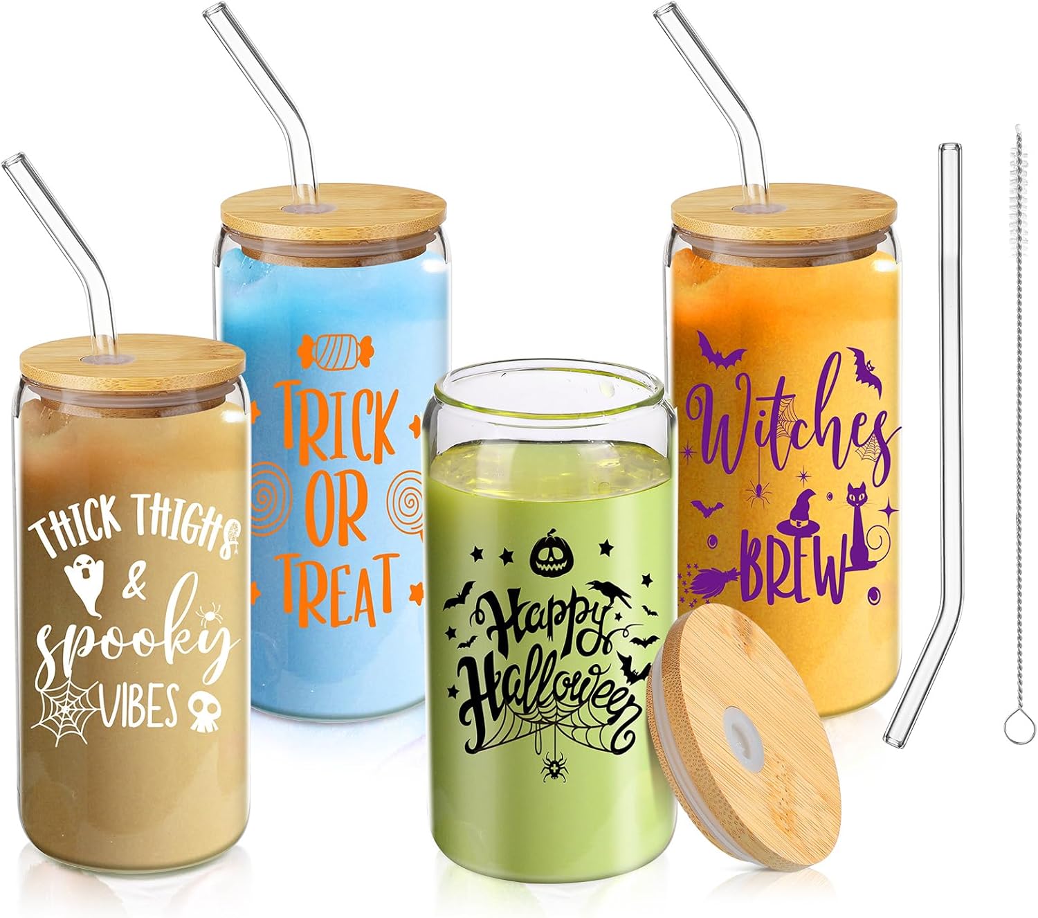 Paquete de 4 vasos de vidrio de Halloween de 16 onzas, tazas de Halloween, tarros de calabaza fantasma con tapas y pajitas, vasos con forma de lata