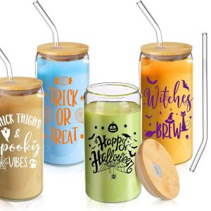Paquete de 4 vasos de vidrio de Halloween de 16 onzas, tazas de Halloween, tarros de calabaza fantasma con tapas y pajitas, vasos con forma de lata Paquete de 4 vasos de vidrio de Halloween de 16 onzas, tazas de Halloween, tarros de calabaza fantasma con tapas y pajitas, vasos con forma de lata