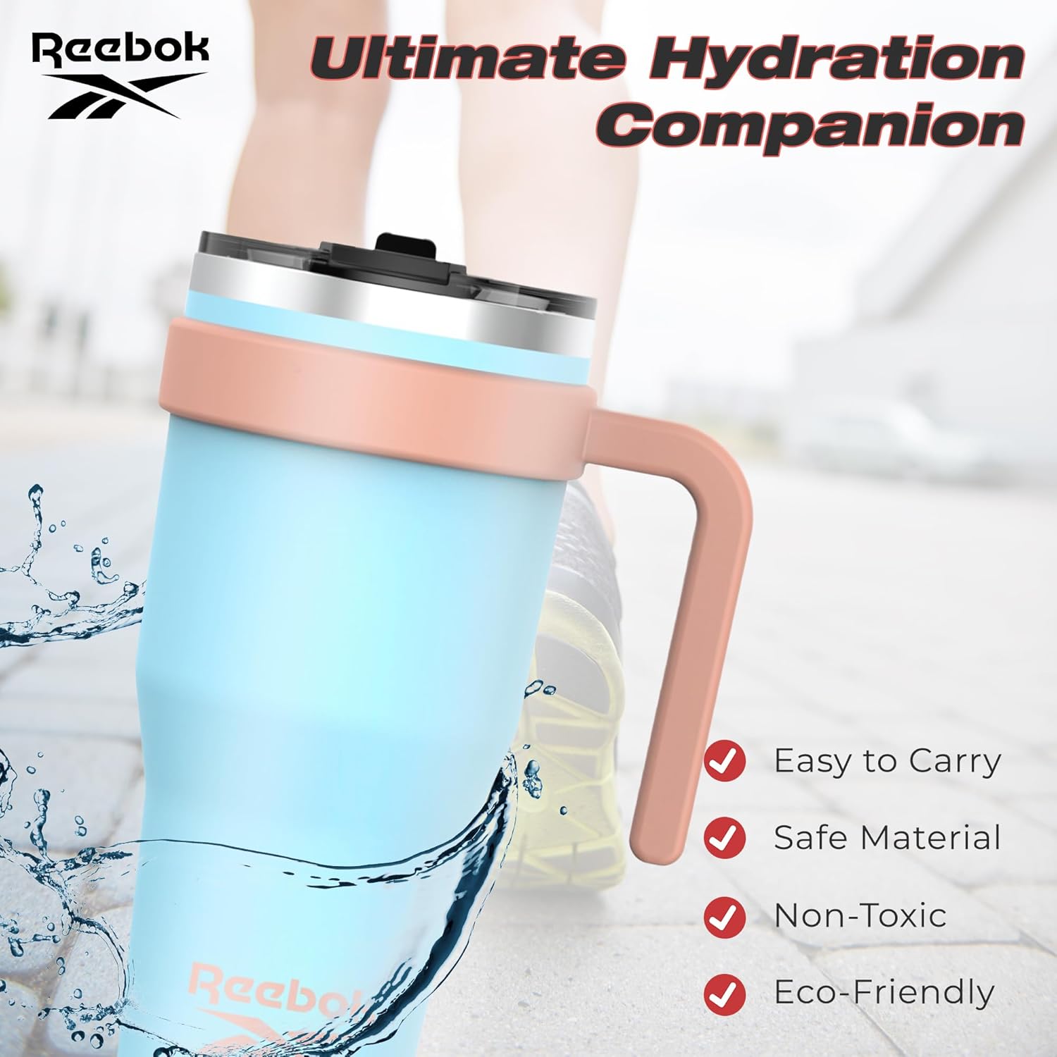 Reebok Vaso de acero inoxidable con asa, vaso de 40 onzas en dos tonos, vaso de doble pared aislado al vacío, vaso a prueba de fugas para hombres y