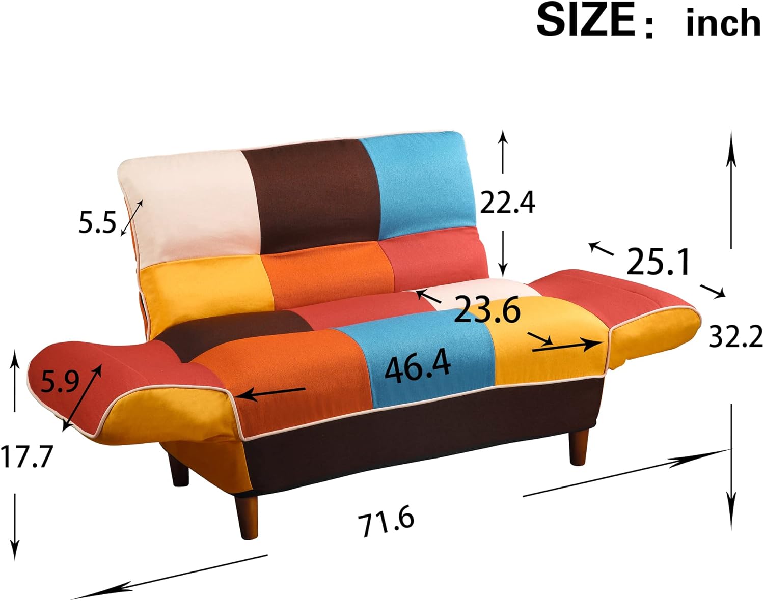 Cama convertible con 2 almohadas, futón biplaza, sofá reclinable con reposabrazos ajustables y patas de madera, sofá de sala con respaldo de 3