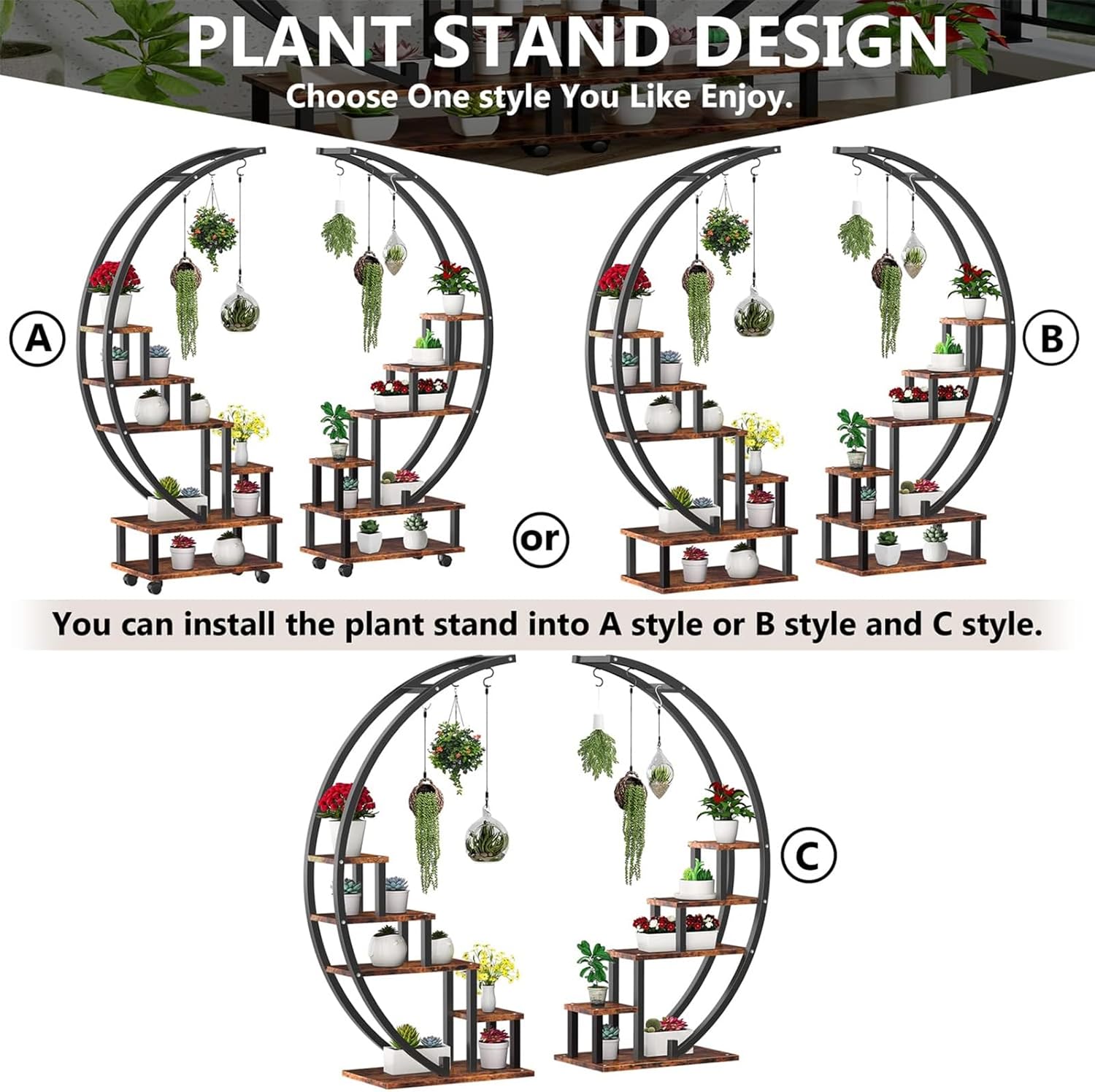 Soporte redondo para plantas, estante de exhibición de 5 niveles para interiores y exteriores con ruedas desmontables, soporte para plantas de