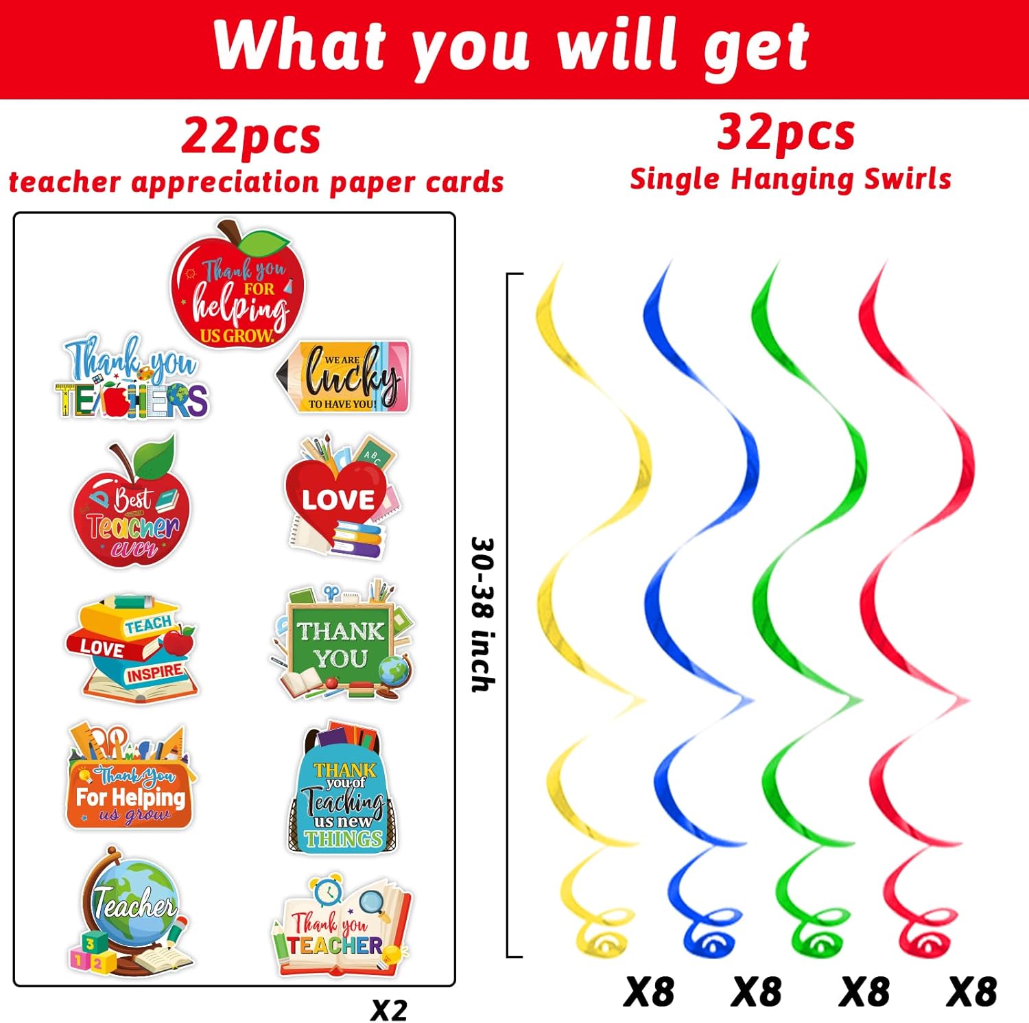 54 piezas de decoración de agradecimiento para profesores, papel de aluminio para colgar en el techo, remolinos colgantes para la semana de