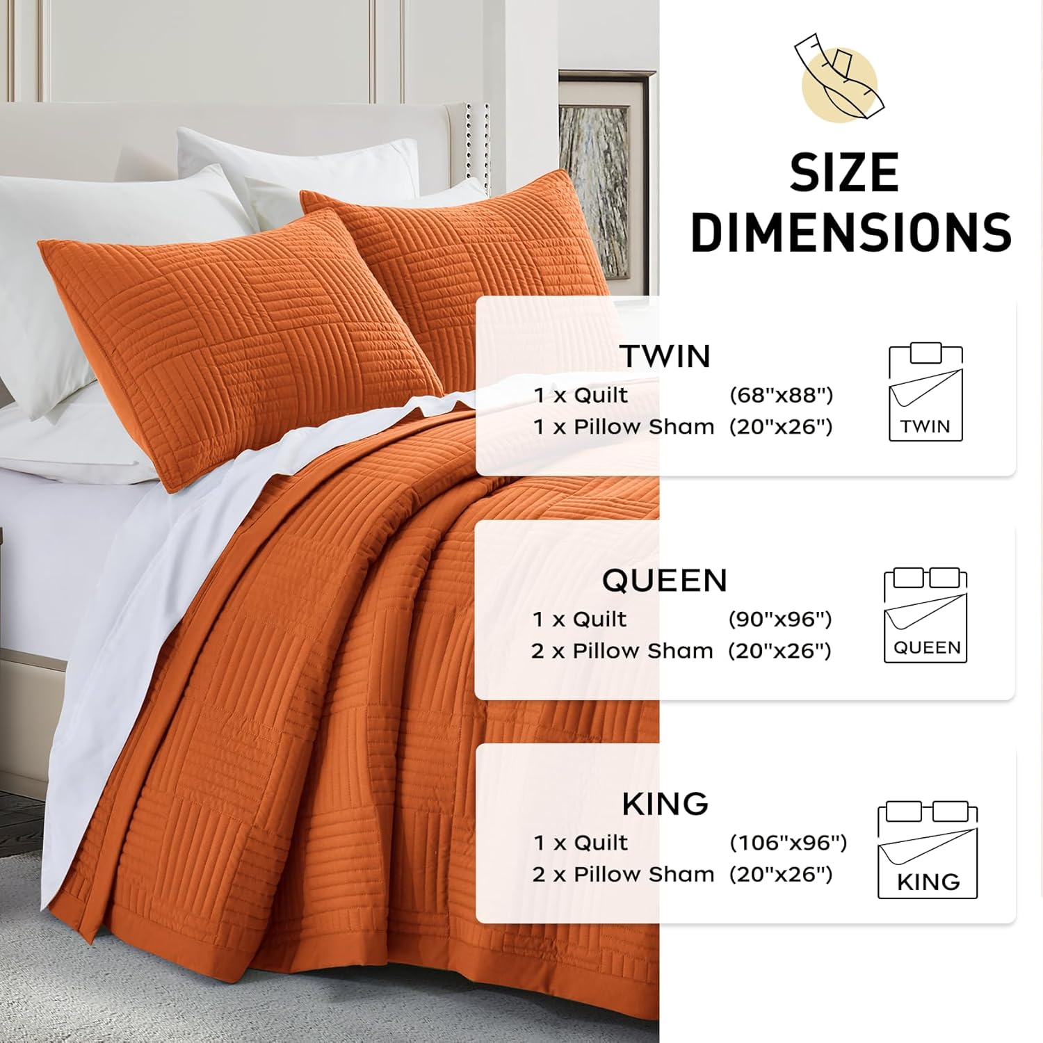 Lavsiry Juego de edredón naranja quemado, tamaño individual, colcha ligera de verano con patrón cuadrado, juego de ropa de cama de microfibra suave