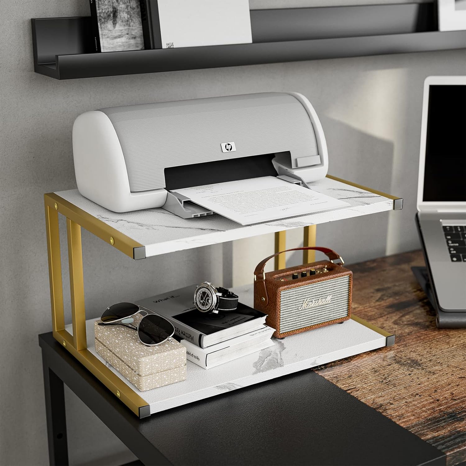 Soporte de impresora de 2 niveles, soporte de impresora de escritorio con marco de metal reforzado, estante de impresora de diseño blanco mármol