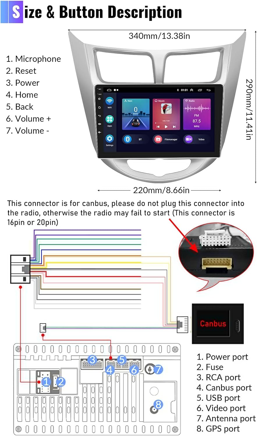 CAMECHO 2+64G CarPlay & Android Auto Receptor estéreo para coche, Android 13 Doble DIN Radio de coche para Hyundai Accent Verna Solaris 2010-2016