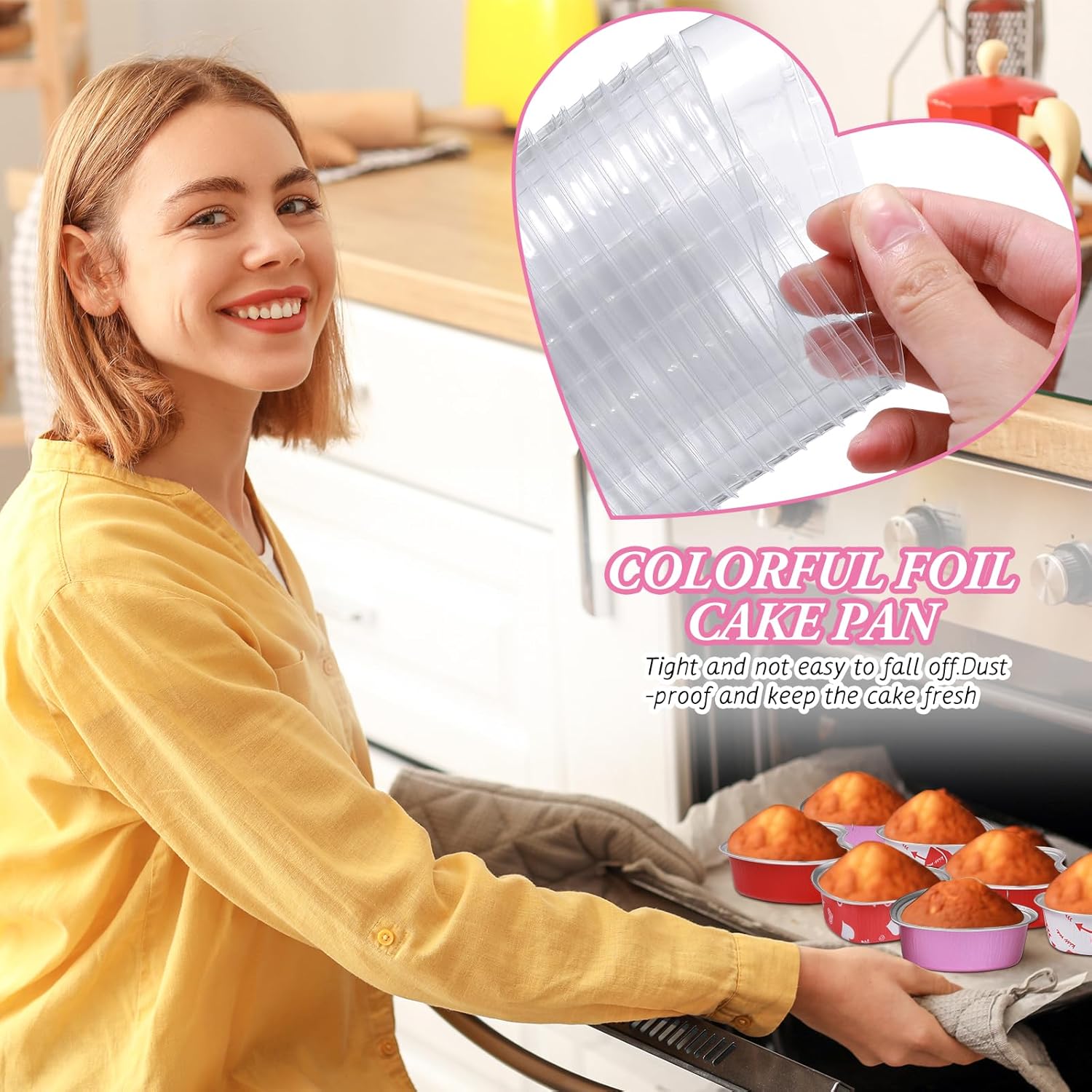 Paquete de 100 moldes para pasteles con forma de corazón de 3.4 onzas con tapas, de aluminio, para el Día de la Madre, para cupcakes, moldes para
