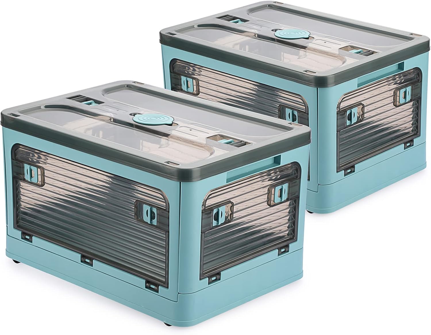 BTSKY Paquete de 2 contenedores plegables de plástico transparente de 4 puertas con tapa y ruedas de 20 litros, caja de almacenamiento plegable