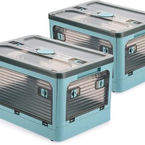 BTSKY Paquete de 2 contenedores plegables de plástico transparente de 4 puertas con tapa y ruedas de 20 litros, caja de almacenamiento plegable BTSKY Paquete de 2 contenedores plegables de plástico transparente de 4 puertas con tapa y ruedas de 20 litros, caja de almacenamiento plegable
