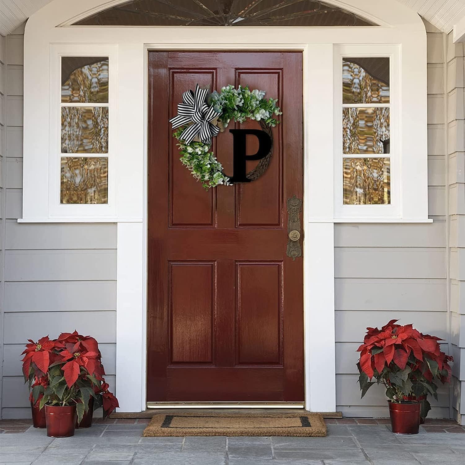 Corona de 12 pulgadas para puerta delantera con lazo, letreros de bienvenida, guirnalda personalizada de 26 letras para puerta delantera del hogar
