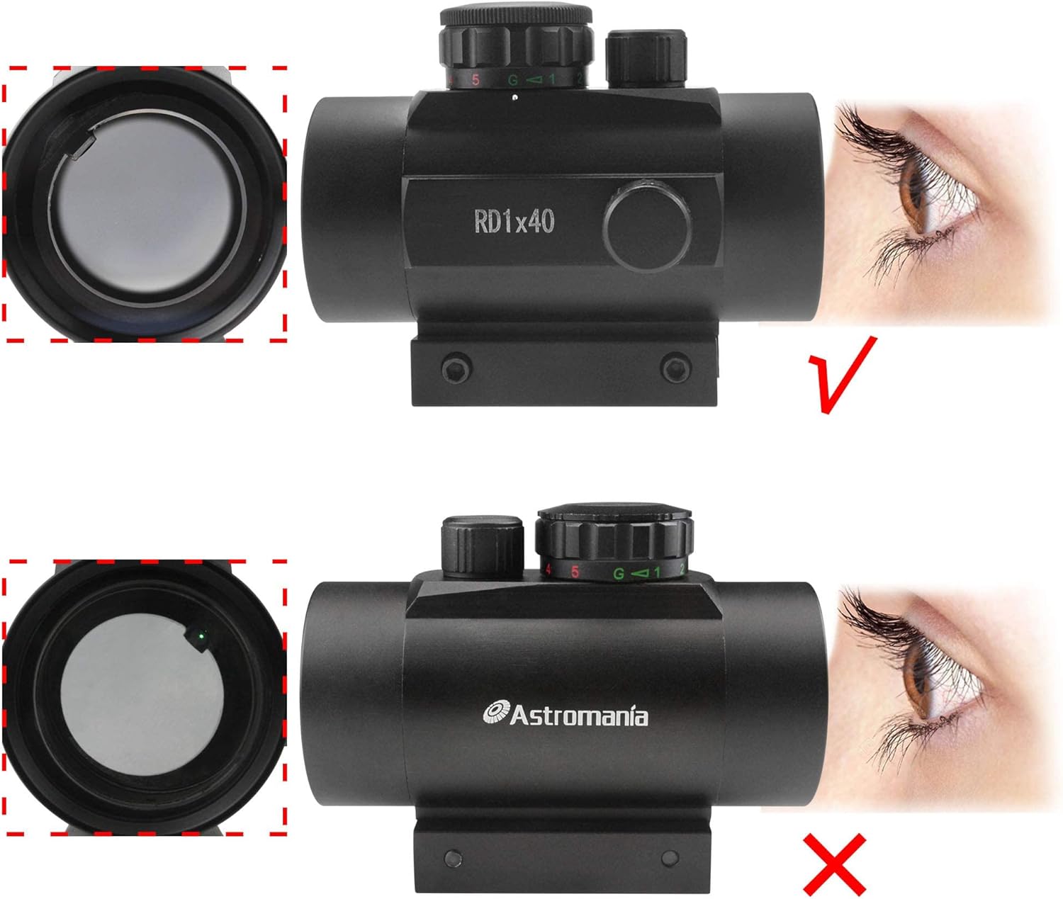 Astromania 1X40RD Reflex Red Green Dot Sight – Soporte de alcance iluminado para fijar a una conexión tipo flash de cámara DSLR