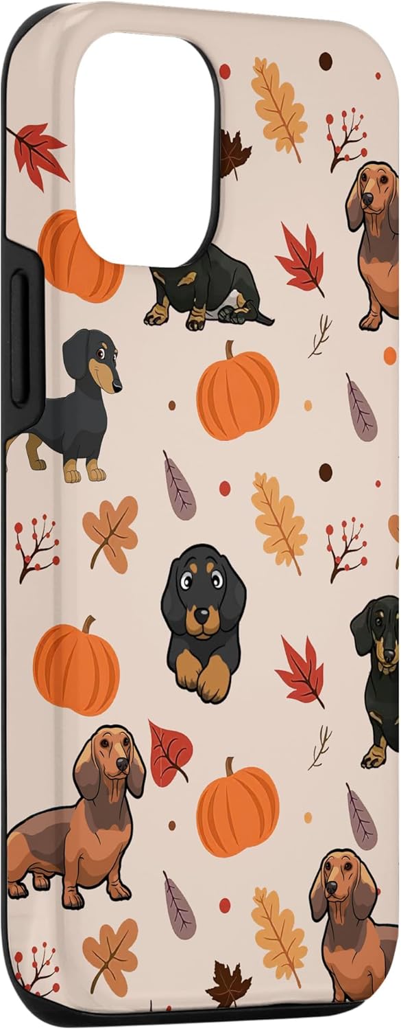 Funda para iPhone 1212 Pro Falling Leaves Autumn Pumpkin and Dachshund Dog Happy Fall Case