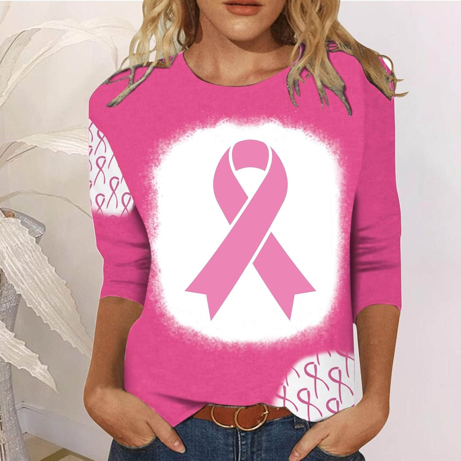 Ceboyel Womens Breast Cancer Awareness Shirts 34 Sleeve Tops Funny Football Ribbon Graphic Tshirts Clothes