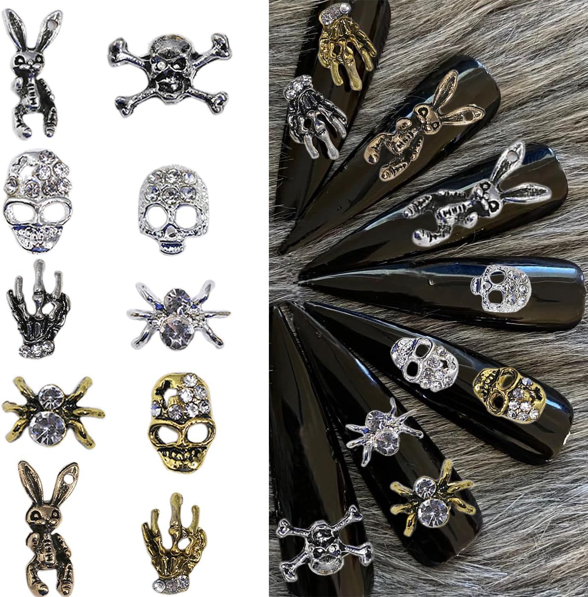 20 dijes de uñas de Halloween 3D dorado y plateado para uñas, diamantes de imitación góticos de calavera esqueleto, mano, araña, joyería de uñas,