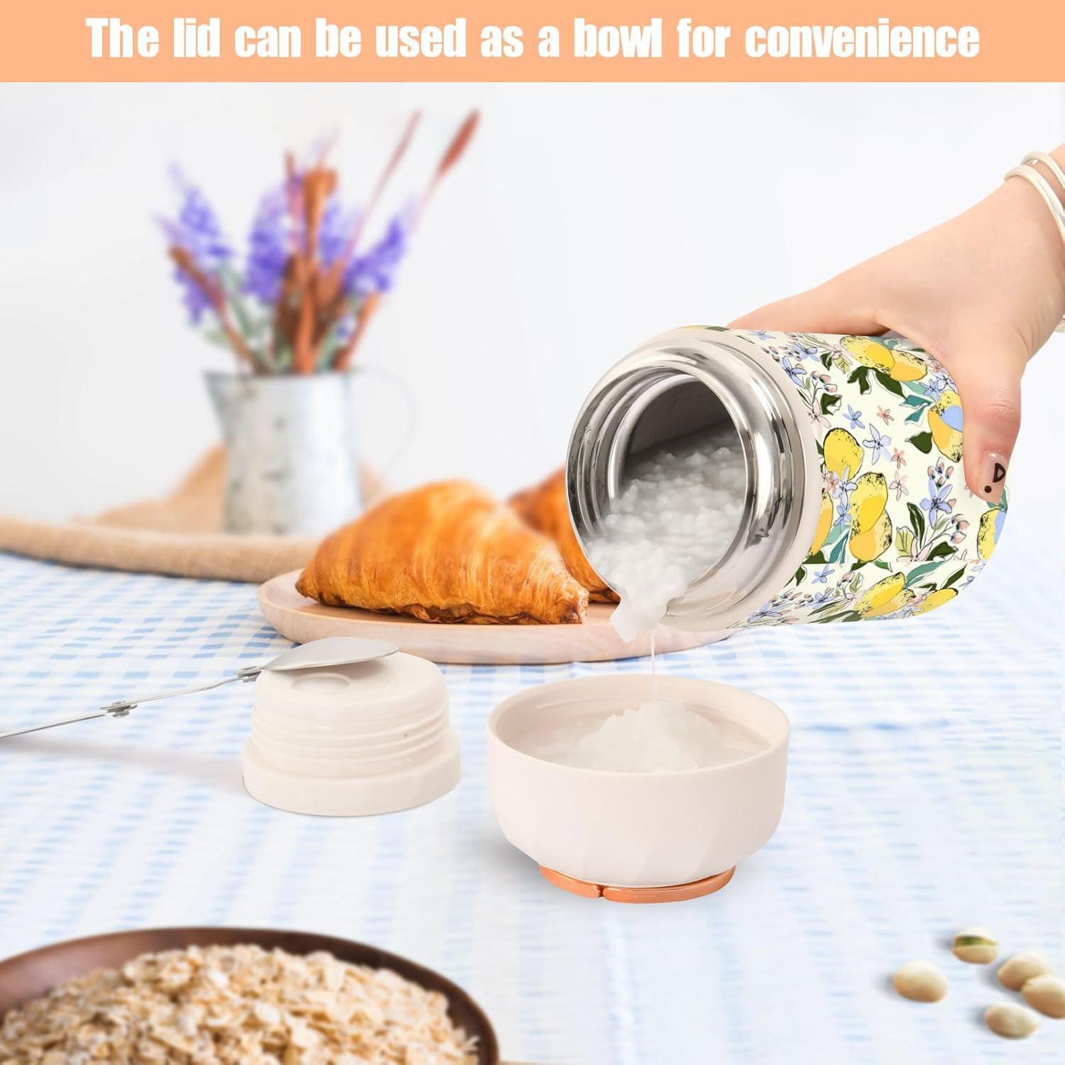 MCHIVER Coloridos limones flores tarro de comida con cuchara de acero inoxidable aislado al vacío contenedor de alimentos 17 oz termo de alimentos