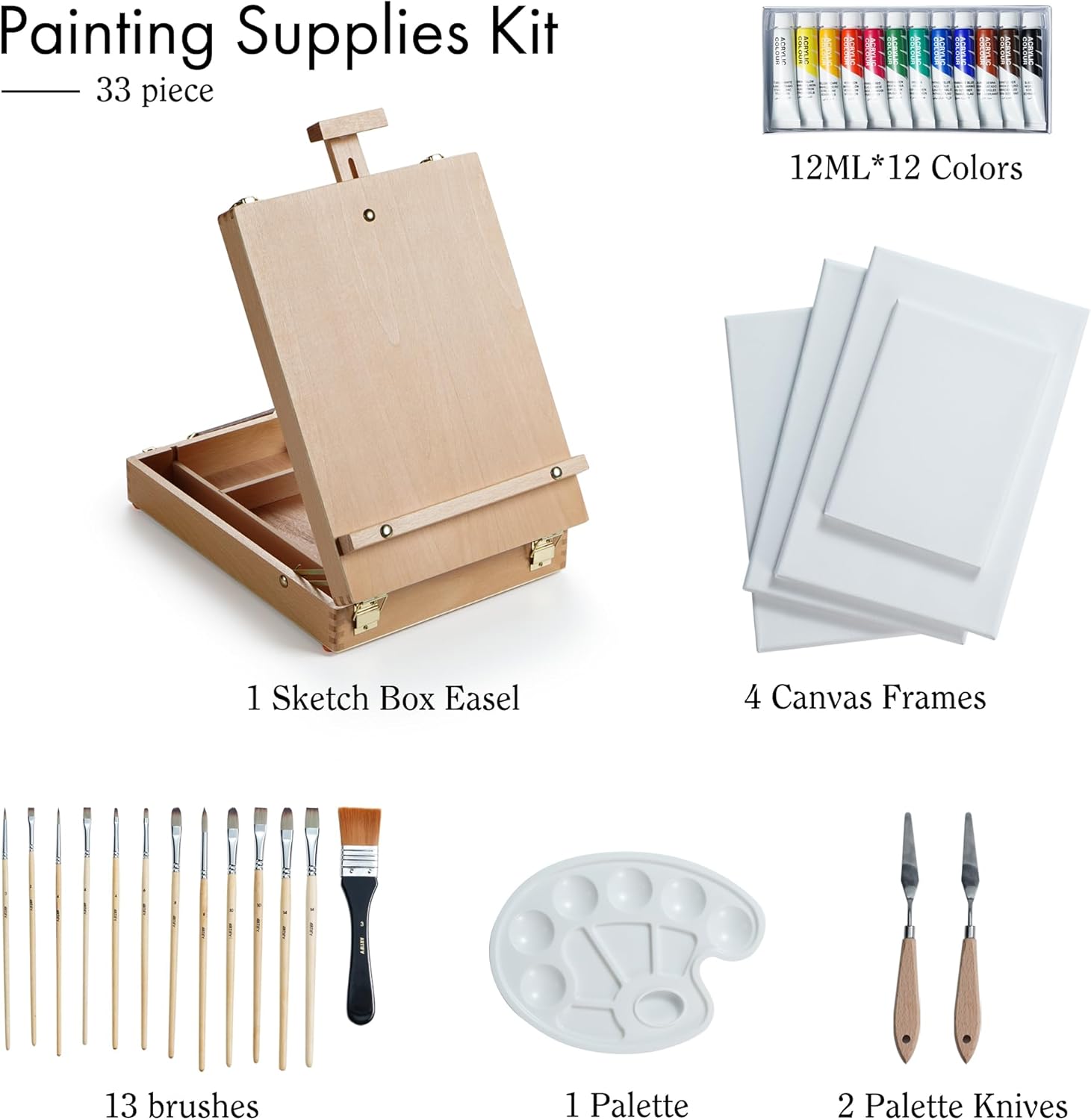 ARTIFY – Juego de caballete de caja de bocetos de mesa, caballete de artista de escritorio con pinturas acrílicas de 12 colores, 13 pinceles, 4