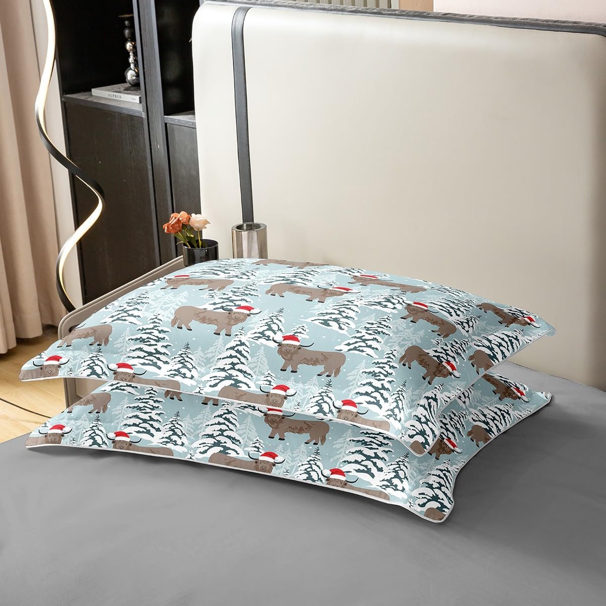 jejeloiu Juego de funda de edredón de algodón de Navidad, tamaño Queen, juego de edredón de vaca de las tierras altas para niños y niñas, edredón de