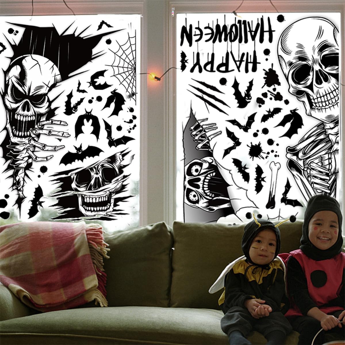 4 calcomanías de calavera de Halloween para ventana, calcomanías de pared de esqueleto de doble cara, extraíbles de Halloween, esqueleto de calavera