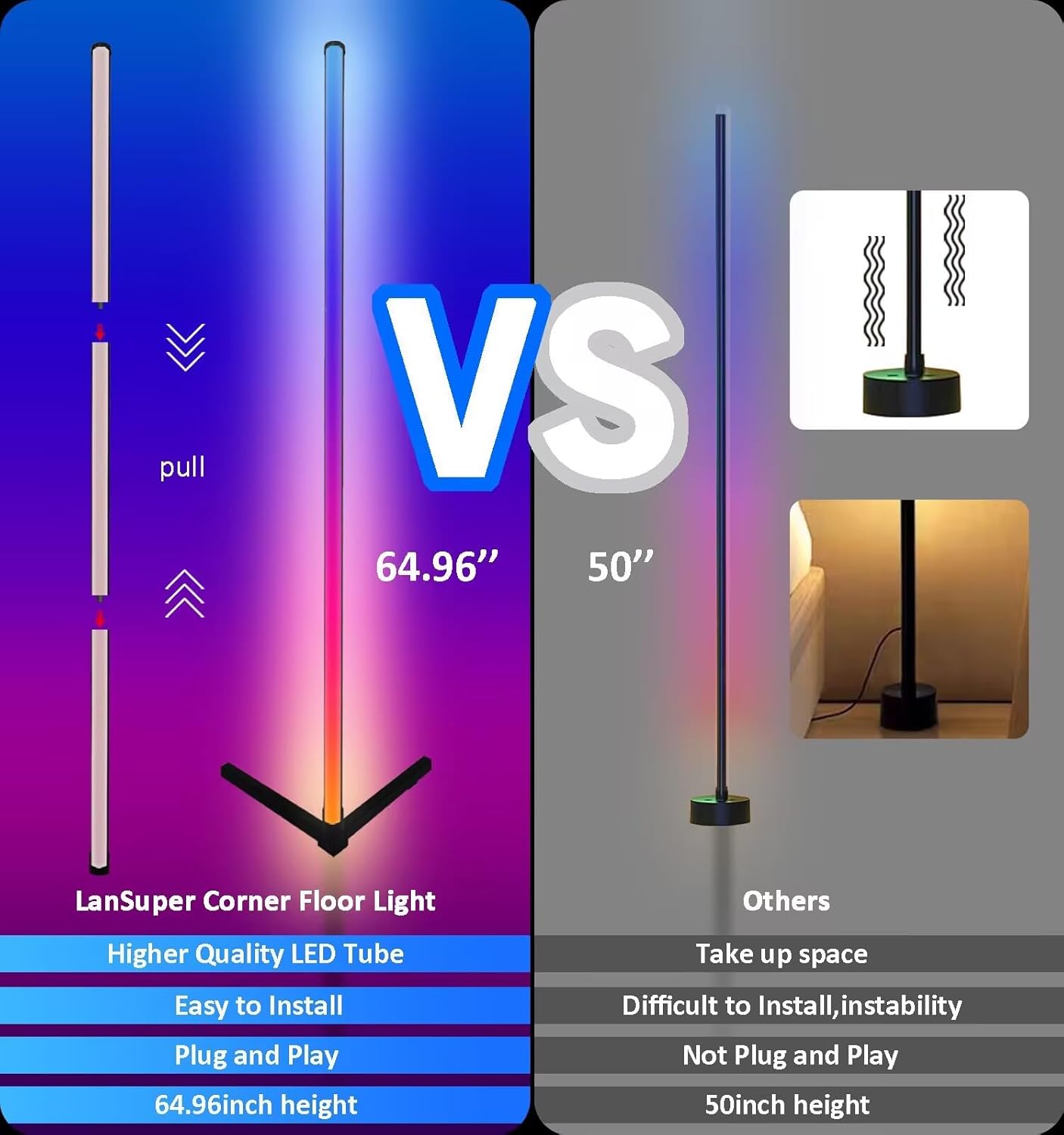 Lámpara de pie de esquina RGB, iluminación de estado de ánimo que cambia de color con aplicación y control remoto, sincronización de músicacolores