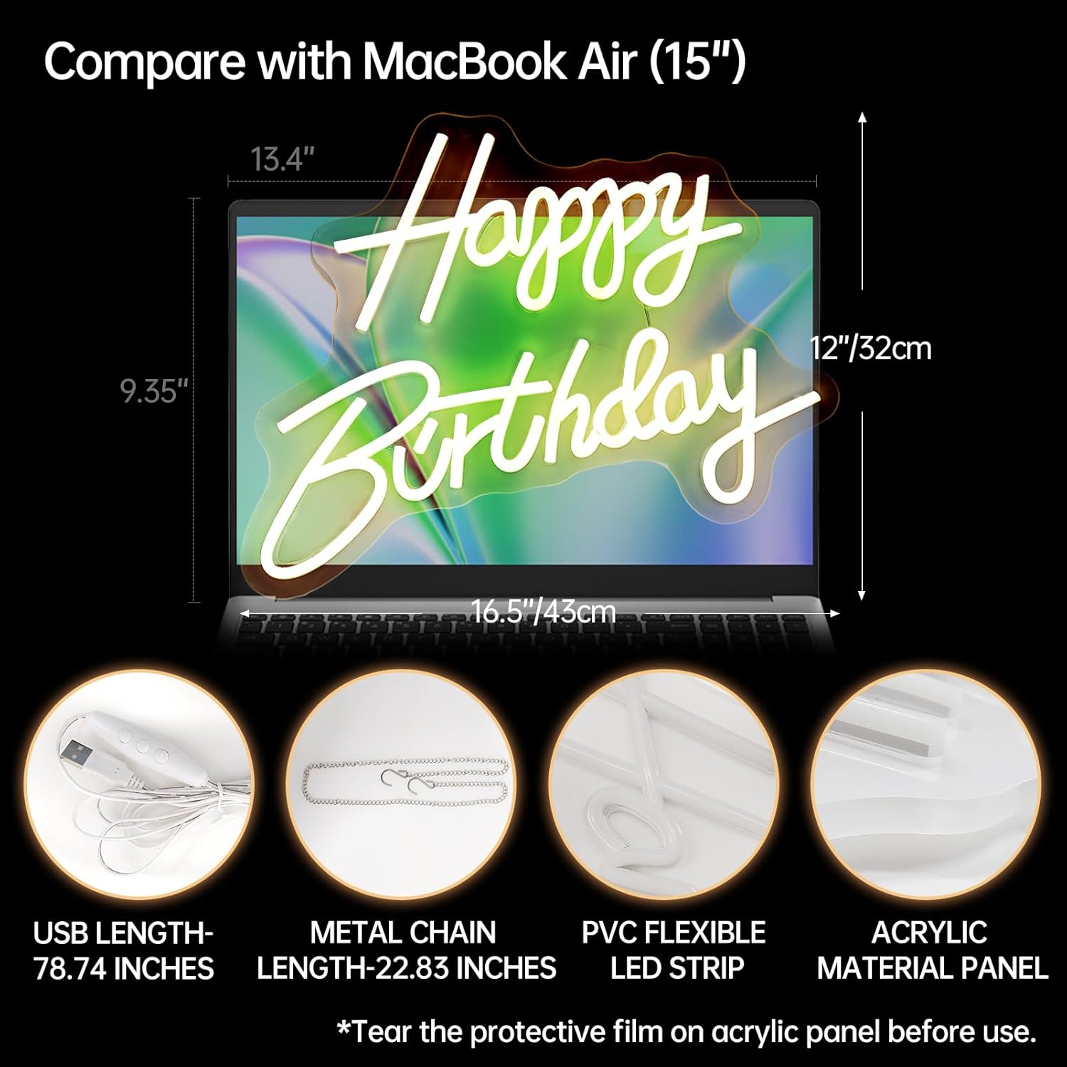 Letrero de neón con texto en inglés Happy Birthday, Happy Birthday de neón con texto en inglés Happy Birthday para telón de fondo, decoración de
