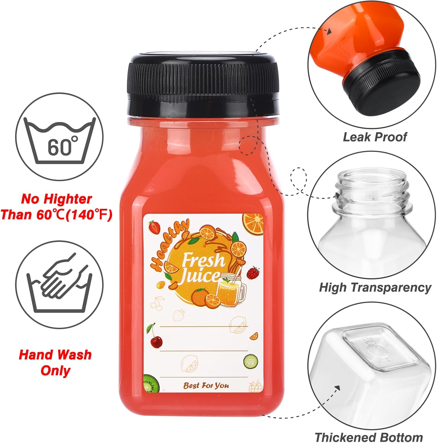 Moretoes 42 botellas de plástico para jugo de 4 onzas con tapas, botellas transparentes vacías reutilizables con etiqueta, embudo y cepillo,