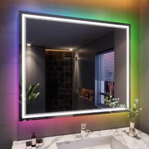 ISTRIPMF Espejo de baño LED RGB de 48 x 40 pulgadas con luces, espejo LED RGB retroiluminado que cambia de color para baño, espejos de tocador ISTRIPMF Espejo de baño LED RGB de 48 x 40 pulgadas con luces, espejo LED RGB retroiluminado que cambia de color para baño, espejos de tocador