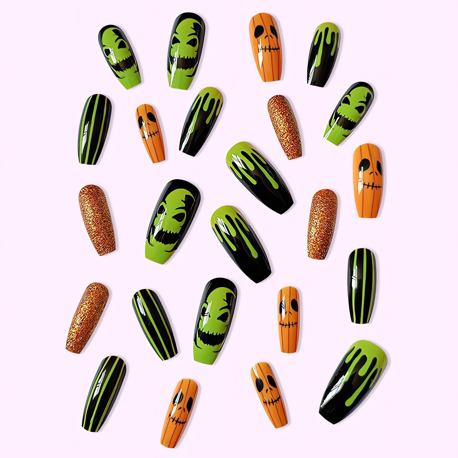 SINSEN Uñas postizas largas a presión para Halloween, ataúd espeluznante, uñas postizas acrílicas de Halloween con diseños, uñas adhesivas de