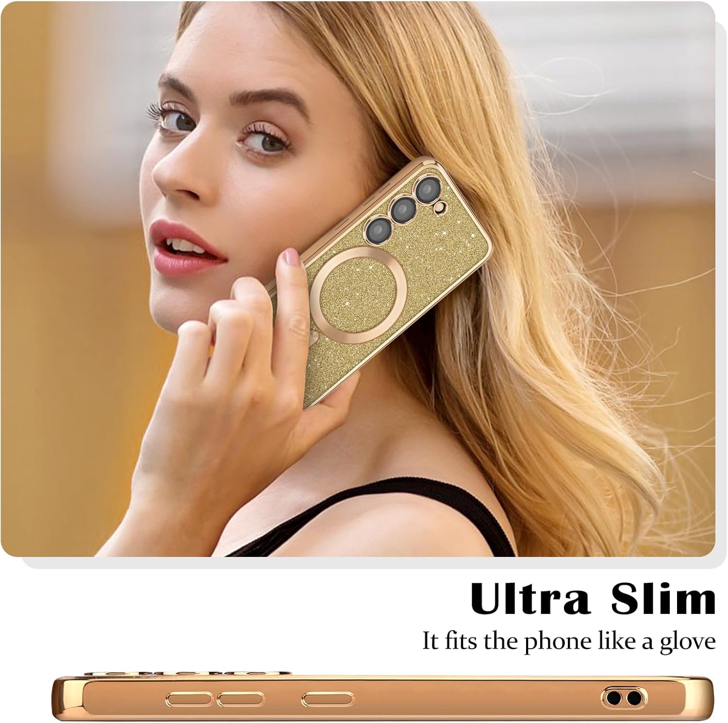 Newseego Funda magnética para Samsung Galaxy S23, funda con purpurina brillante, TPU suave, protección completa de la lente de la cámara, funda